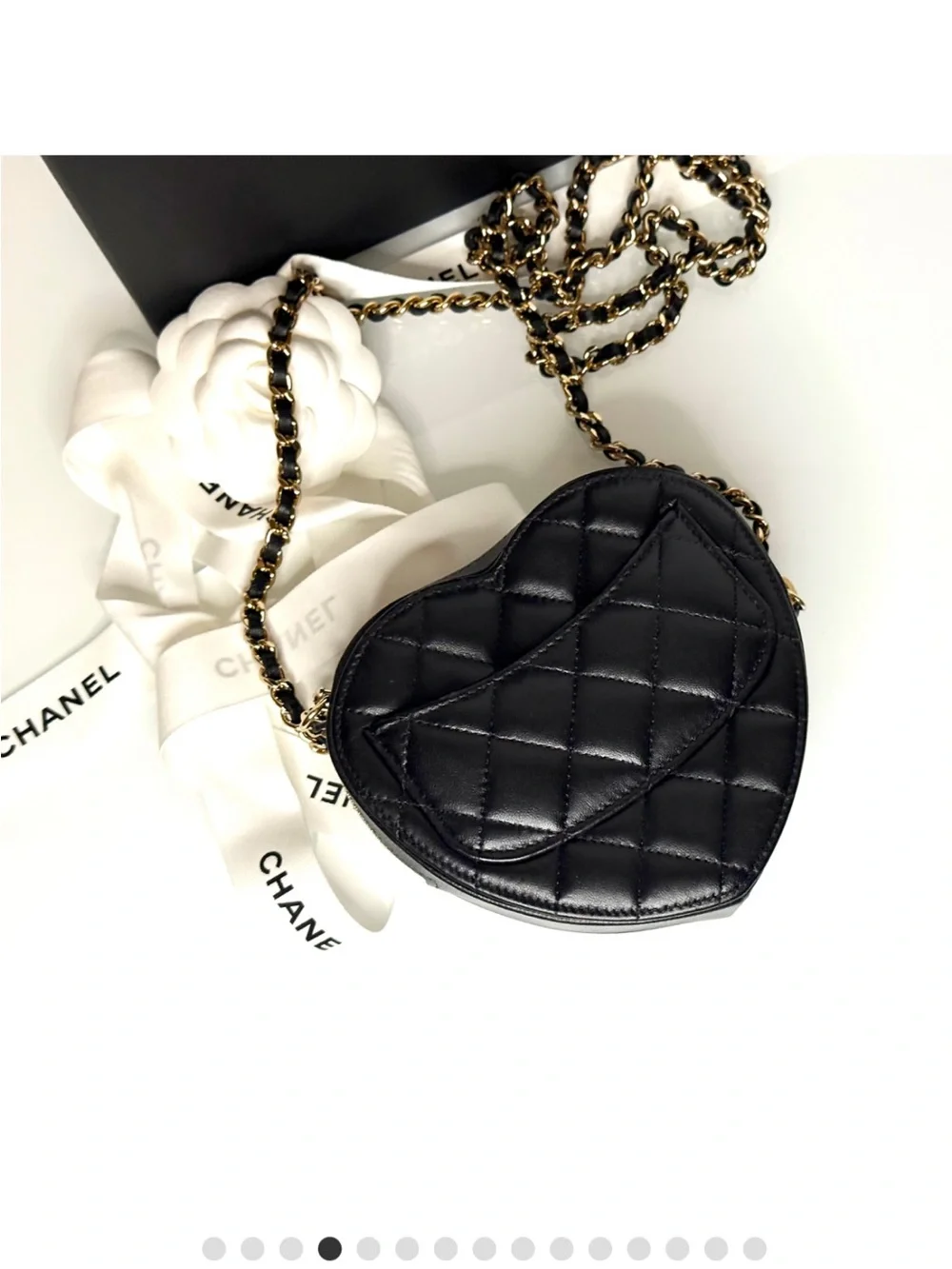 CHANEL Black Quilted Heart-Shaped Crossbody with Gold Hardware